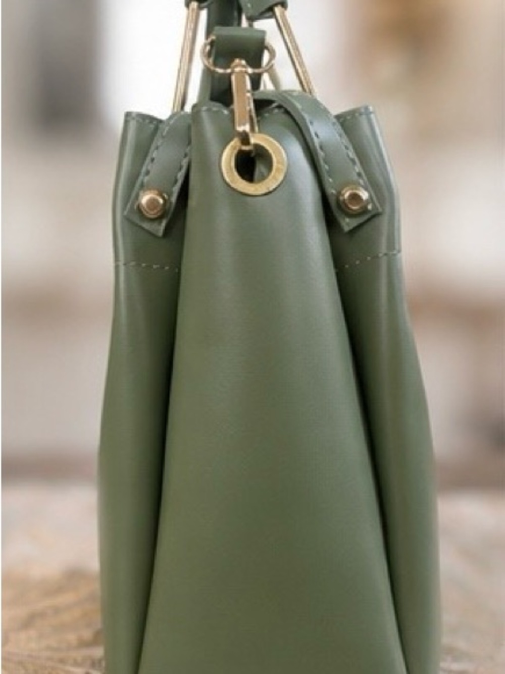 Structured Olive Green Top-Handle Tote with Gold Accents - Picture 2 of 5